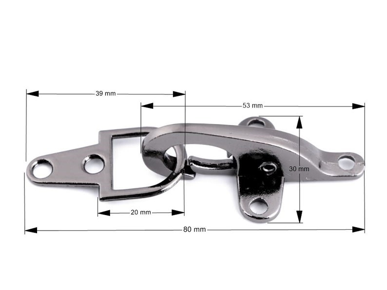 May include: A silver-toned metal hook and loop fastener with dimensions: 3.9 inches long, 2 inches wide, and 1.2 inches tall. The hook is a swiveling design with a D-ring.