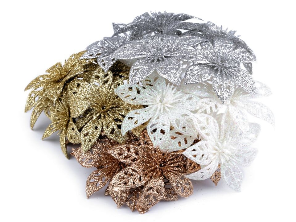 Bouquet de 6 Fleurs Poinsettias Pailletées sur Pic/Argent, Or, Blanc, Cuivre Pour Décoration Noël, C