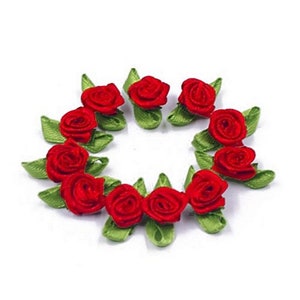 Mini petites roses et feuilles en ruban satin 12mm / Nombreux coloris / Fleurs satin, petites roses tissu décoration mariage image 4