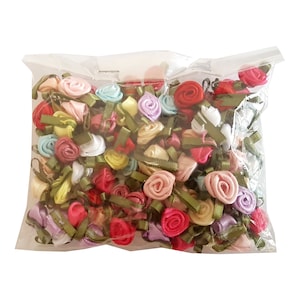 Mini roses and leaves in satin ribbon 12mm / Many colors / Satin flowers, small roses fabric decoration wedding zdjęcie 5