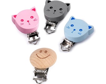 2 Nipple attachment or cat cuddly toy in pink wood, blue, gray / Wooden pacifier, hook door doudou