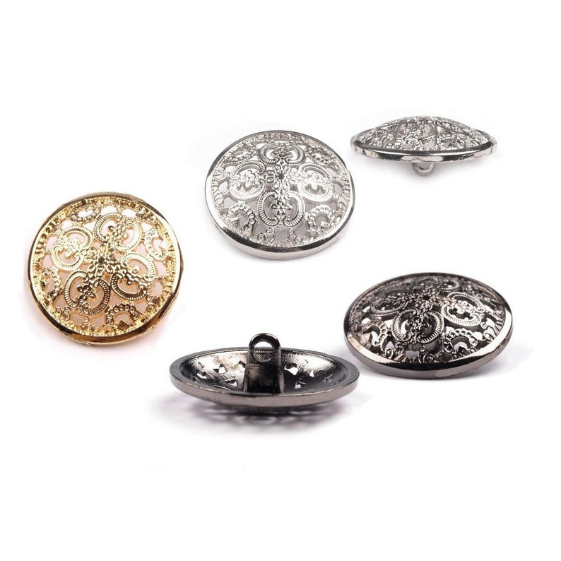 10 metal buttons chiseled / 18-22-25mm / gold silver or black / cut metal filigree pattern, buckle on the back, round buttons metal image 1