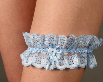 Wedding garter lace and sky blue satin flower, blue bridal garter