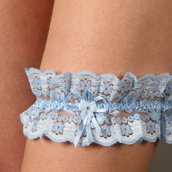 Wedding garter lace and sky blue satin flower, blue bridal garter