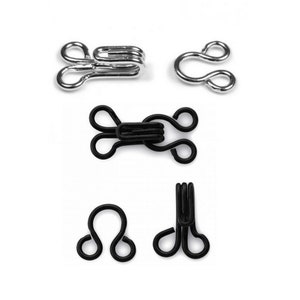 10 Metal hooks and eyes / Black, silver / size 10 to 15 mm / Sewing closure system, metal hook and eye