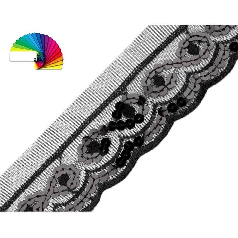 3yd Lace and Sequins 1.97 Ribbon / Black or Silver / Large Lace Wedding, Lace Embroidery Ribbon, Embroidered Lace image 1