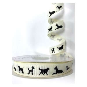 3M Ruban grosgrain ivoire silhouettes chats ou chiens noirs 16mm / ruban chats, ruban chiens, décoration chats, tissu chats, galon chats