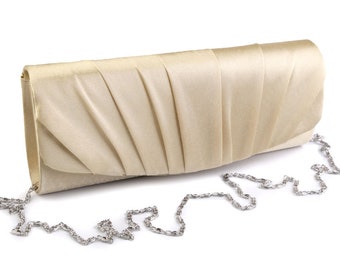 Satijnen clutch met schouderketting, witte of ivoorkleurige satijnen ceremonieclutch