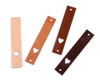 2 leather tags with hearts 12x70mm to decorate bags, clothes, knitwear