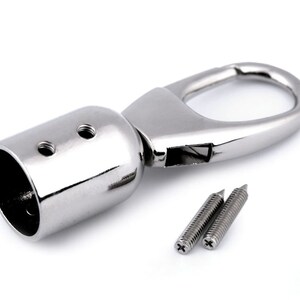 May include: Silver-toned metal swivel hook with a cylindrical base and two screw holes. The hook is attached to a silver-toned metal loop. Two small silver-toned screws are included.