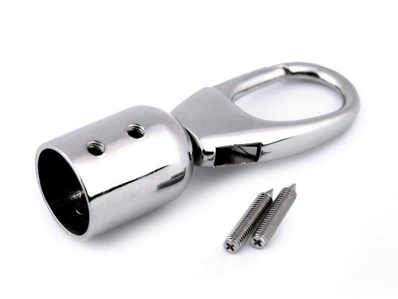 May include: Silver-toned metal swivel hook with a cylindrical base and two screw holes. The hook is attached to a silver-toned metal loop. Two small silver-toned screws are included.