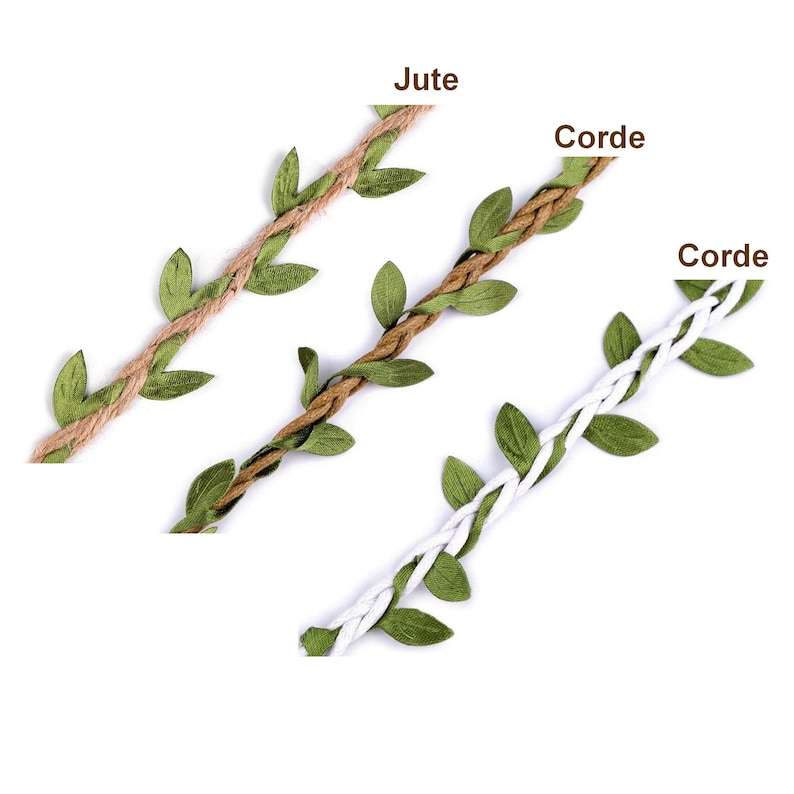 May include: Three strands of twine with green fabric leaves attached. The twine is in three colours: jute, brown, and white. The text "Jute", "Corde", and "Corde" is written above each strand.