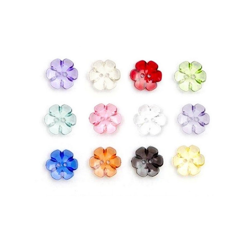 10 boutons cristal fleurs transparents 13mm / Nombreux coloris / Boutons fleurs en plastique transparent, boutons fantaisie, boutons fille image 1