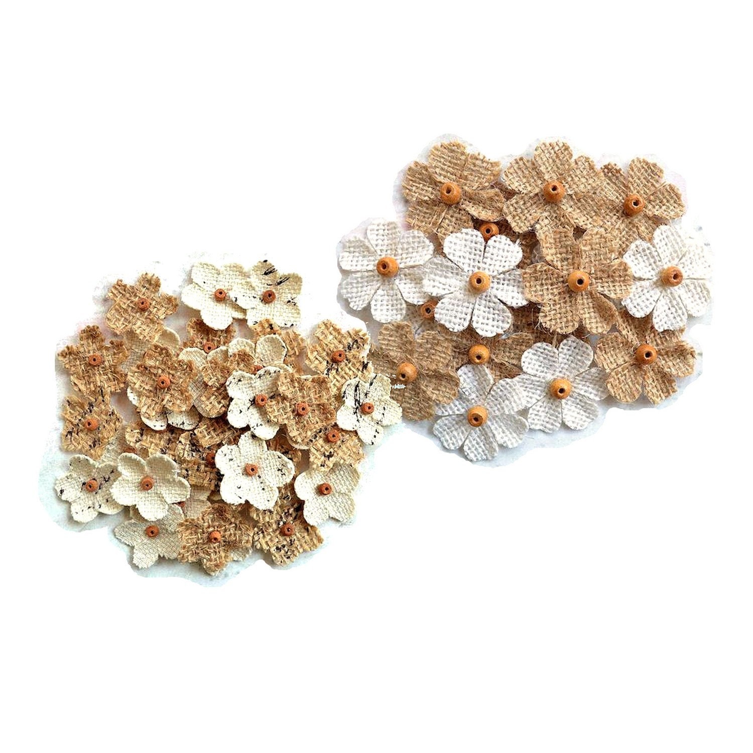 6 fleurs jute et perles bois 35mm / ivoire et marron / fleurs tissu  naturel, fleurs en jute, fleurs en toile à appliquer ou coudre -  France
