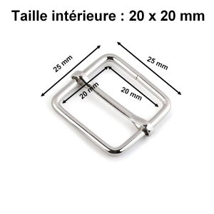 May include: Silver metal buckle with a 20 mm by 20 mm interior opening. The buckle is 25 mm wide.