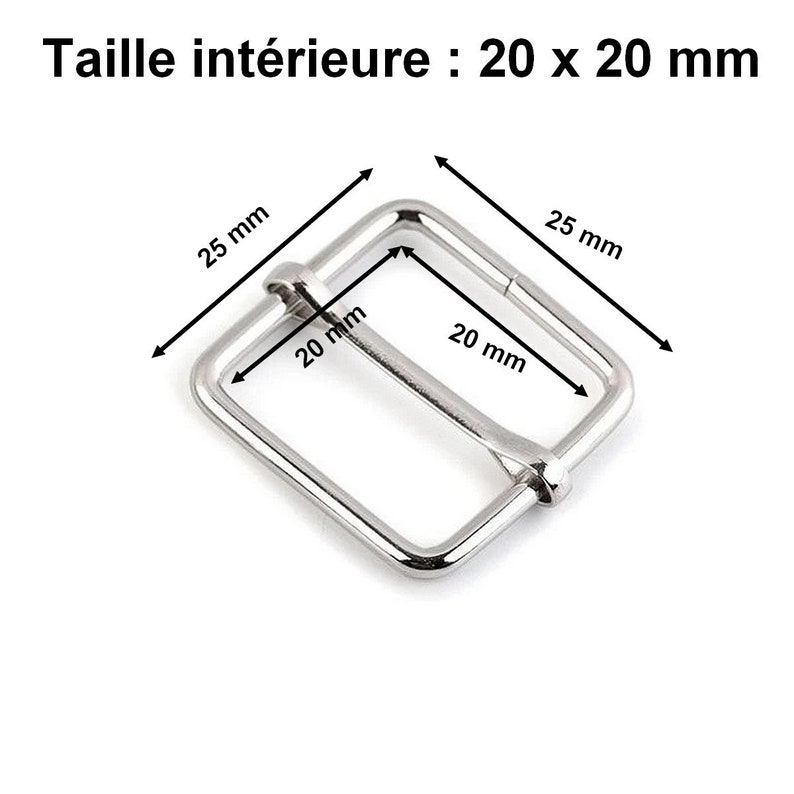 May include: Silver metal buckle with a 20 mm by 20 mm interior opening. The buckle is 25 mm wide.