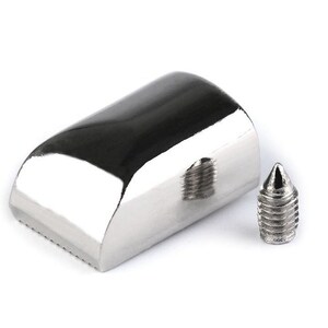 May include: A silver metal tool with a rounded, grooved head and a pointed tip. The tool is used for making holes in leather or other materials.