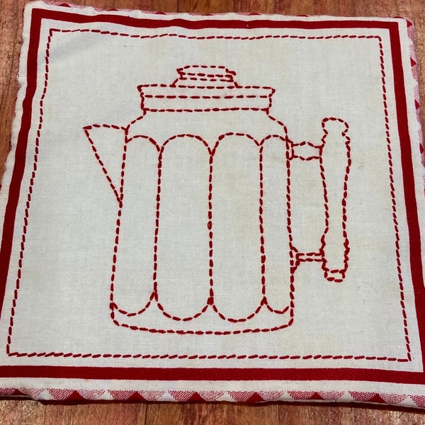 Vintage embroidered potholder Red and White Coffee Pot Trivet Hot Pad  Cottage Core Farmhouse Red Kitchen