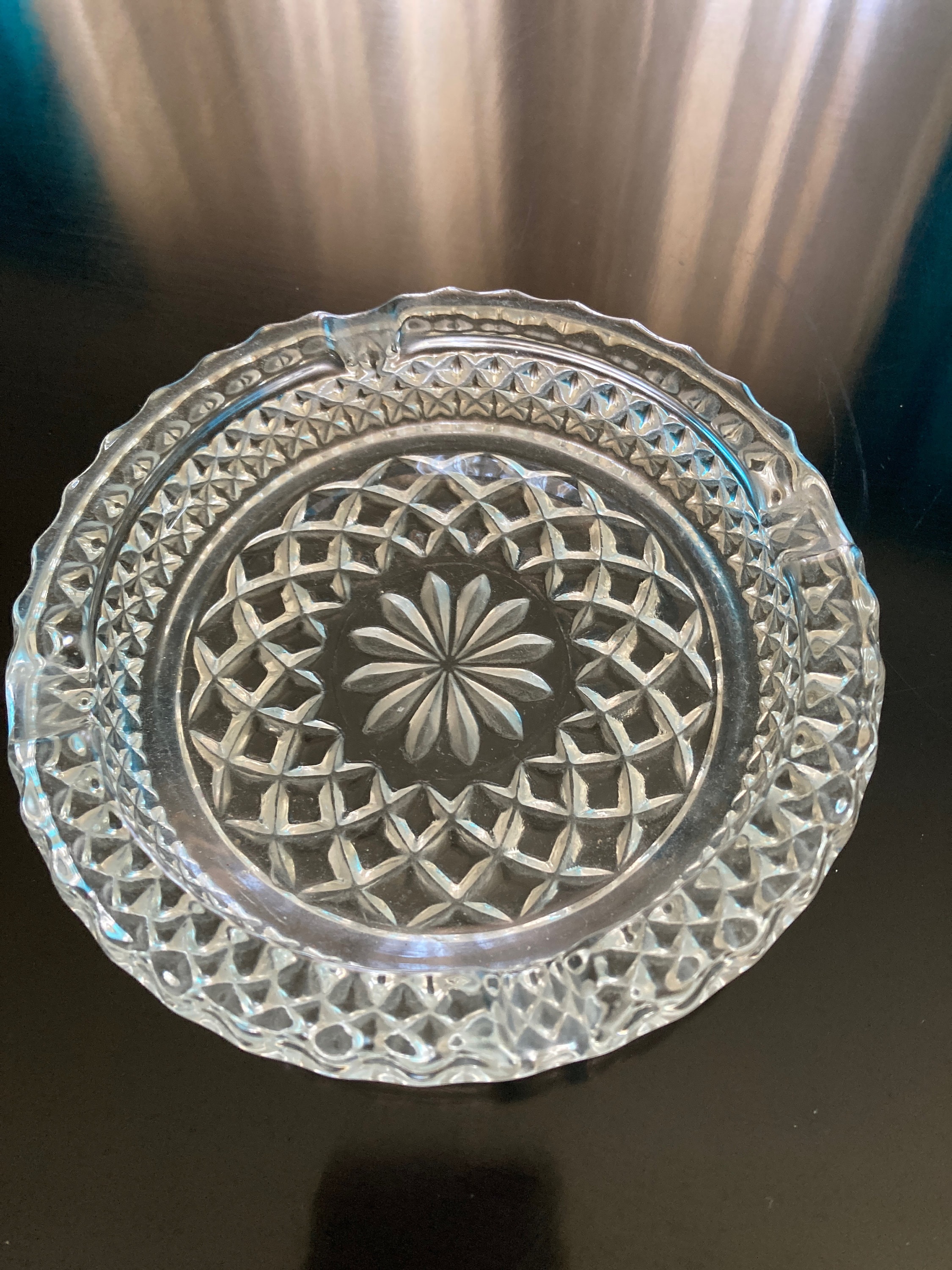 Vintage Mid Century crystal Glass Ashtray, upcycle as wine bottle coaster, trinket or ring holder, clip holder or pot saucer