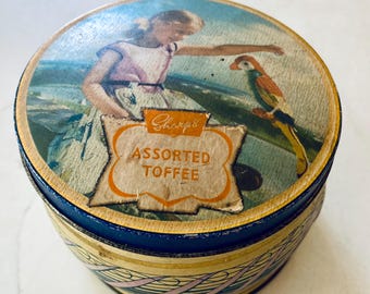 Vintage quirky tin Sharp’s Toffee England 1950s coastal decor ocean girl with parrot