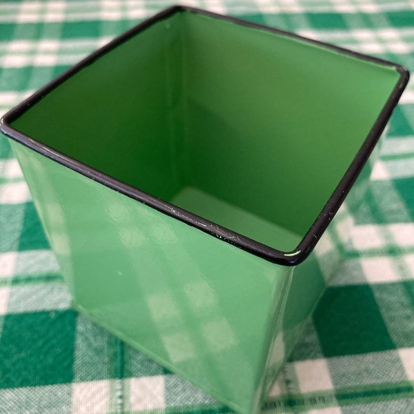 Jadite tin, repurpose as kitchen spoon or whatnot holder,  3-inch square vintage green kitchen black accent