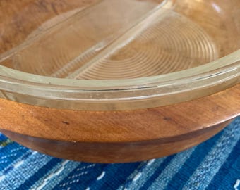 MidCentury turned wood bowl with distinctive markings Japan woodpecker ware with 1950s Pyrex clear divided  chafing bowl ribbed bottom #596