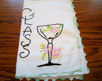Midcentury Bar Hand Embroidered &quot;glass&quot; Towel green handmade Lace Linen Shabby Cottage Core  Farmhouse Home Decor Retro Kitchen Cottagecore