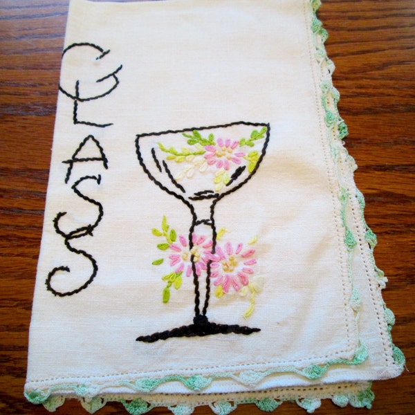 Midcentury Bar Hand Embroidered "glass" Towel green handmade Lace Linen Shabby Cottage Core  Farmhouse Home Decor Retro Kitchen Cottagecore