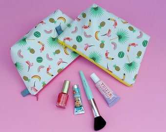 Tropical Print Makeup Bag (toucans, palm trees, pineapples, bananas & watermelons)