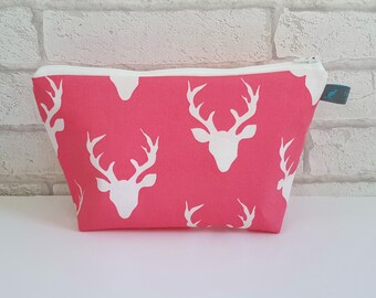 Stag Head Cosmetic Bag in Bright Pink, waterproof lining