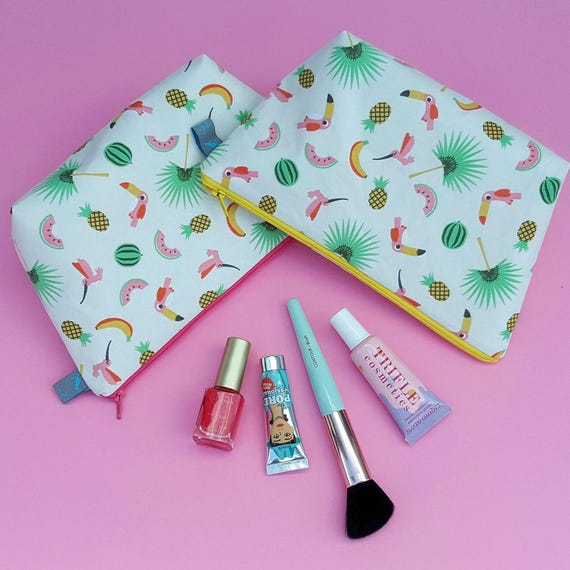 Tropical Print Makeup Bag (toucans, palm trees, pineapples, bananas & watermelons)