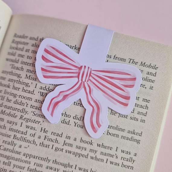 Magnetic Bookmark: Coquette Pink Striped Ribbon Bow illustrated book accessory