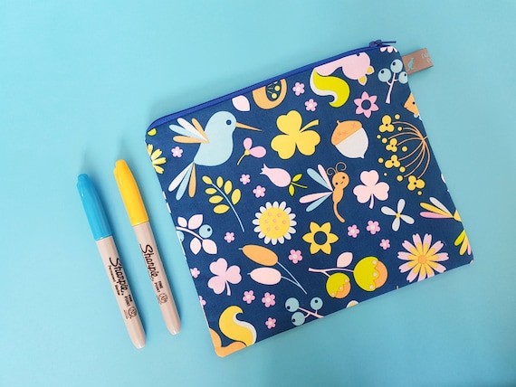 Whimsical Blue Kids Bird Floral Leaf Pencil Case / Cosmetic Pouch