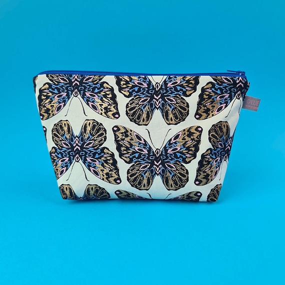 Cosmetic Makeup Bag in metallic butterfly design: 100% cotton, waterproof lining