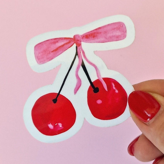 Laminated die cut sticker: Coquette Pink Bow and Cherries