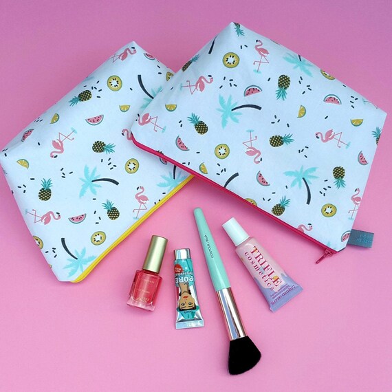 Cosmetic Toiletry Wash Bag in tropical design: 100% cotton, waterproof lining