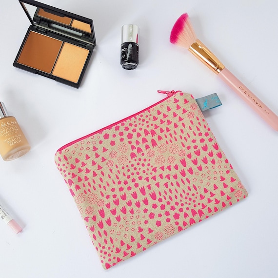 Neon Pink Folk Floral Makeup Bag & Mini Cosmetic Pouch