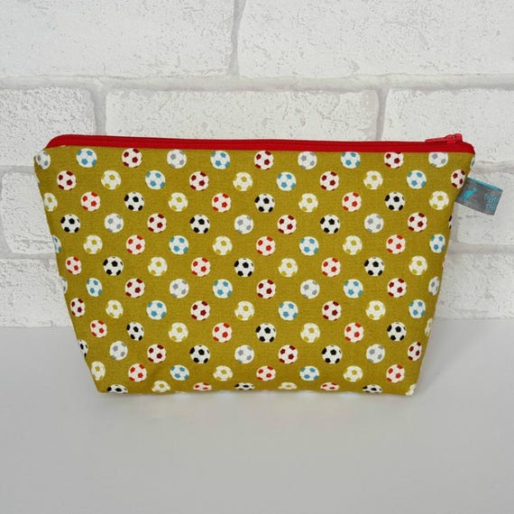 Boys Toiletry Wash Bag in green football sports design: 100% cotton, waterproof lining