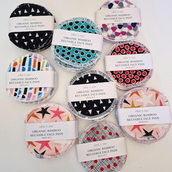 Reusable cotton rounds for skincare & makeup remover: Geometric designs with organic bamboo towelling (set of 4)