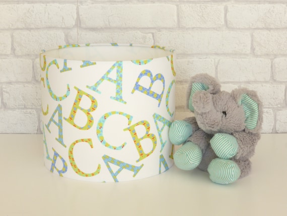 Alphabet 'ABC' Nursery tabe lampshade in blue, green & aqua tones - 25cm diameter