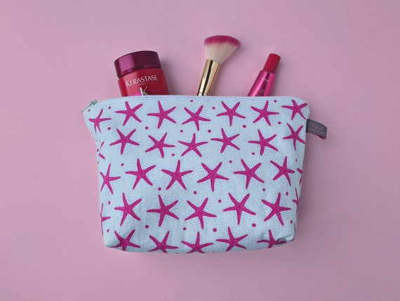 Colorful Pink Starfish Cosmetic Bag Reusable Wet Bag for Makeup Toiletries Gym Travel Handmade zipper pouch fun print Waterproof lining