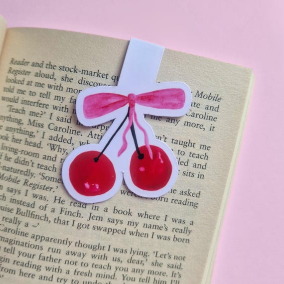 Magnetic Bookmark: Coquette Cherry and pink bow illustrated book accessory
