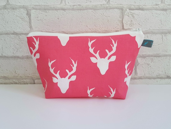 Stag Head Cosmetic Bag in Bright Pink, waterproof lining