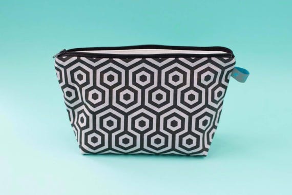 Hexagon Print Makeup Bag: Handmade Cotton Cosmetic Bag, Waterproof Lining