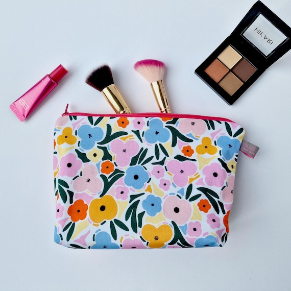 Cosmetic Makeup Bag in minimal botanica floral design: 100% cotton, waterproof lining