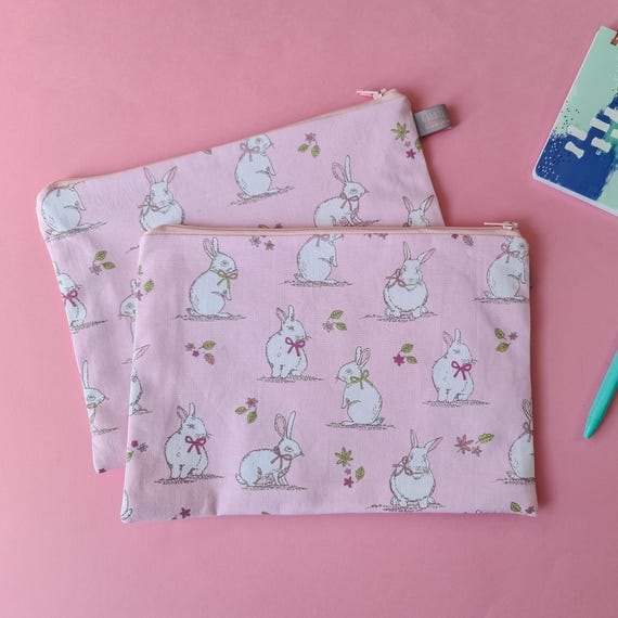 Bunny Rabbit Pencil Case: Handmade Pink Cotton Zipper Pouch