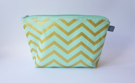 Metallic Chevron Cosmetic Bag - Mint & Gold