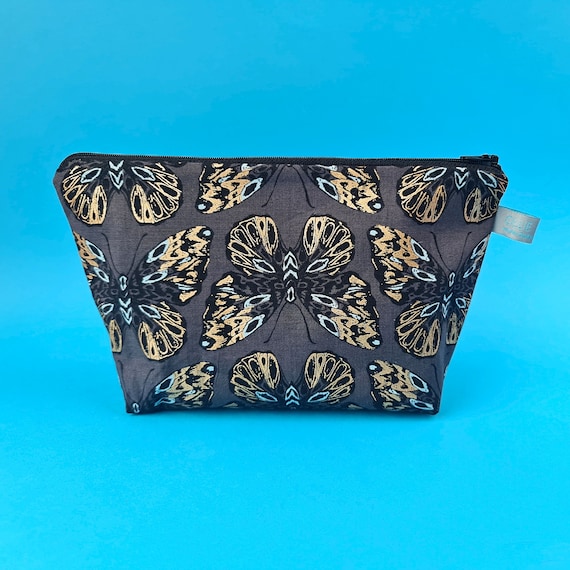 Cosmetic Makeup Bag in metallic butterfly design: 100% cotton, waterproof lining