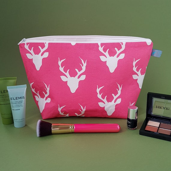 Stag Head Cosmetic Bag in Bright Pink, waterproof lining