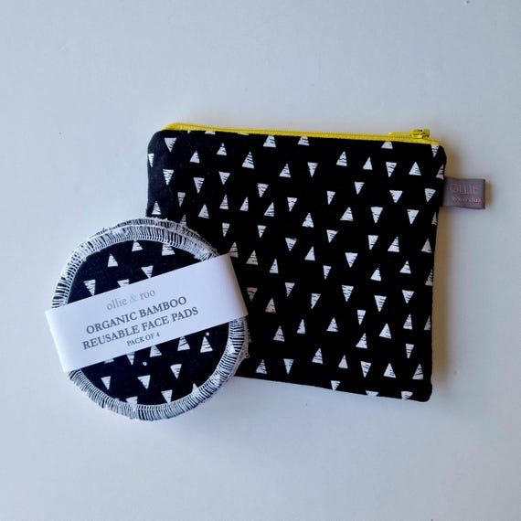 COSMETIC GIFT SET: Monochrome Triangle Cosmetic Pouch and 4 Makeup Remover Face Wipe Roundies